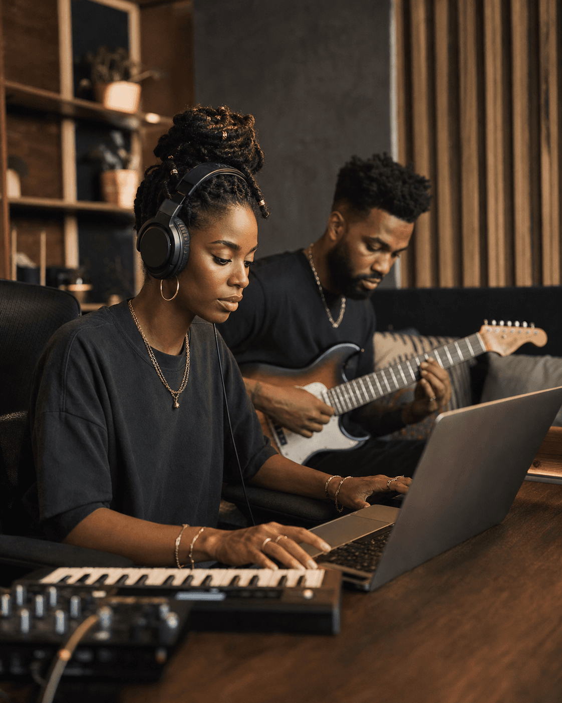 Music creators collaborating in a recording studio